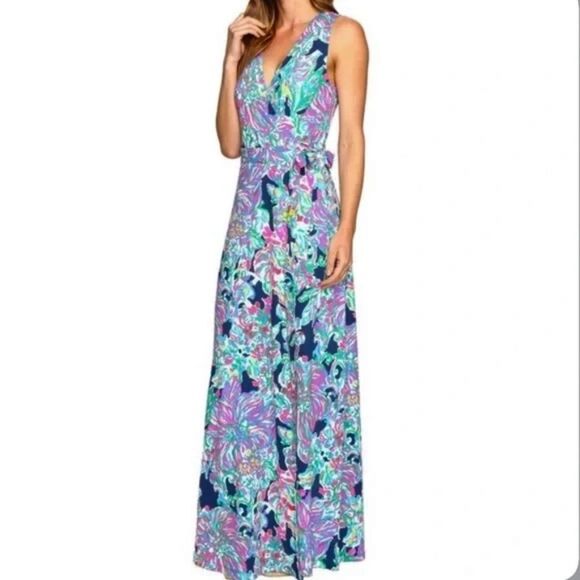 EUC Lilly Pulitzer Delfina Sleeveless Jersey Maxi Dress Exotic Escapade Sz SMALL - Picture 3 of 5
